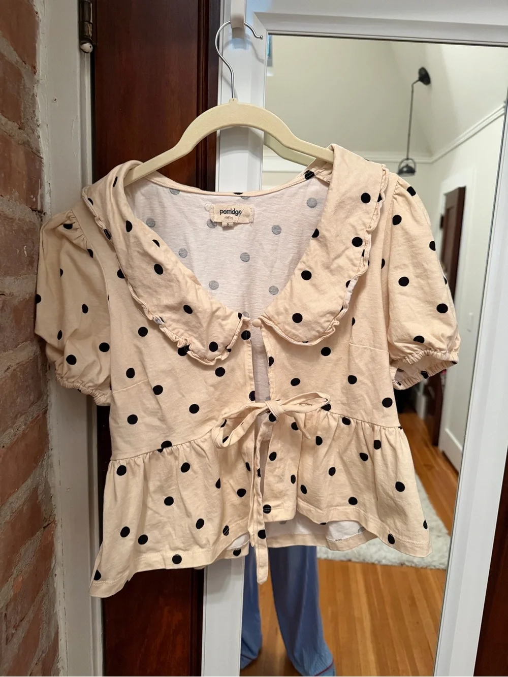 Anthropologie Cream Polka Dot Tie-Front Peplum Blouse